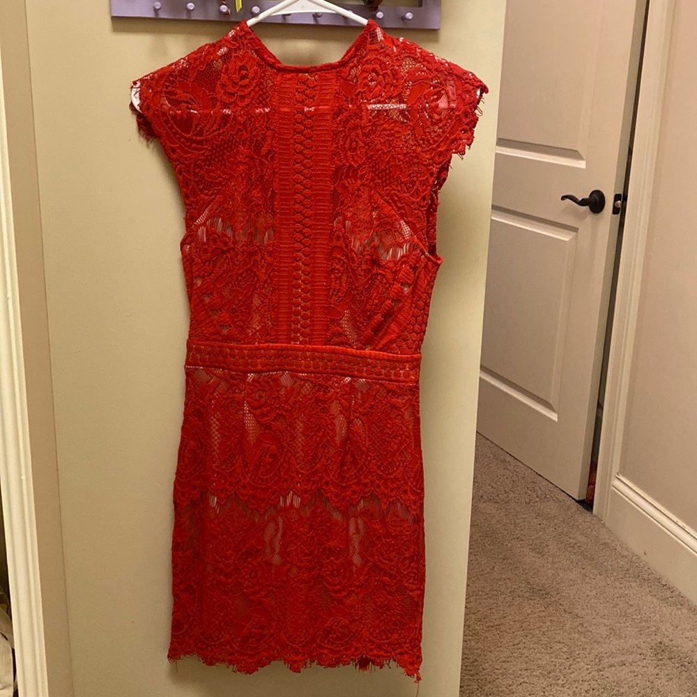 Red lace body con dress.